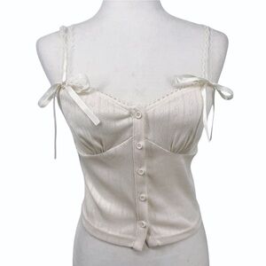 Babydoll Heart Cut Out Bow-Tie  Cream Button-Up Camisole